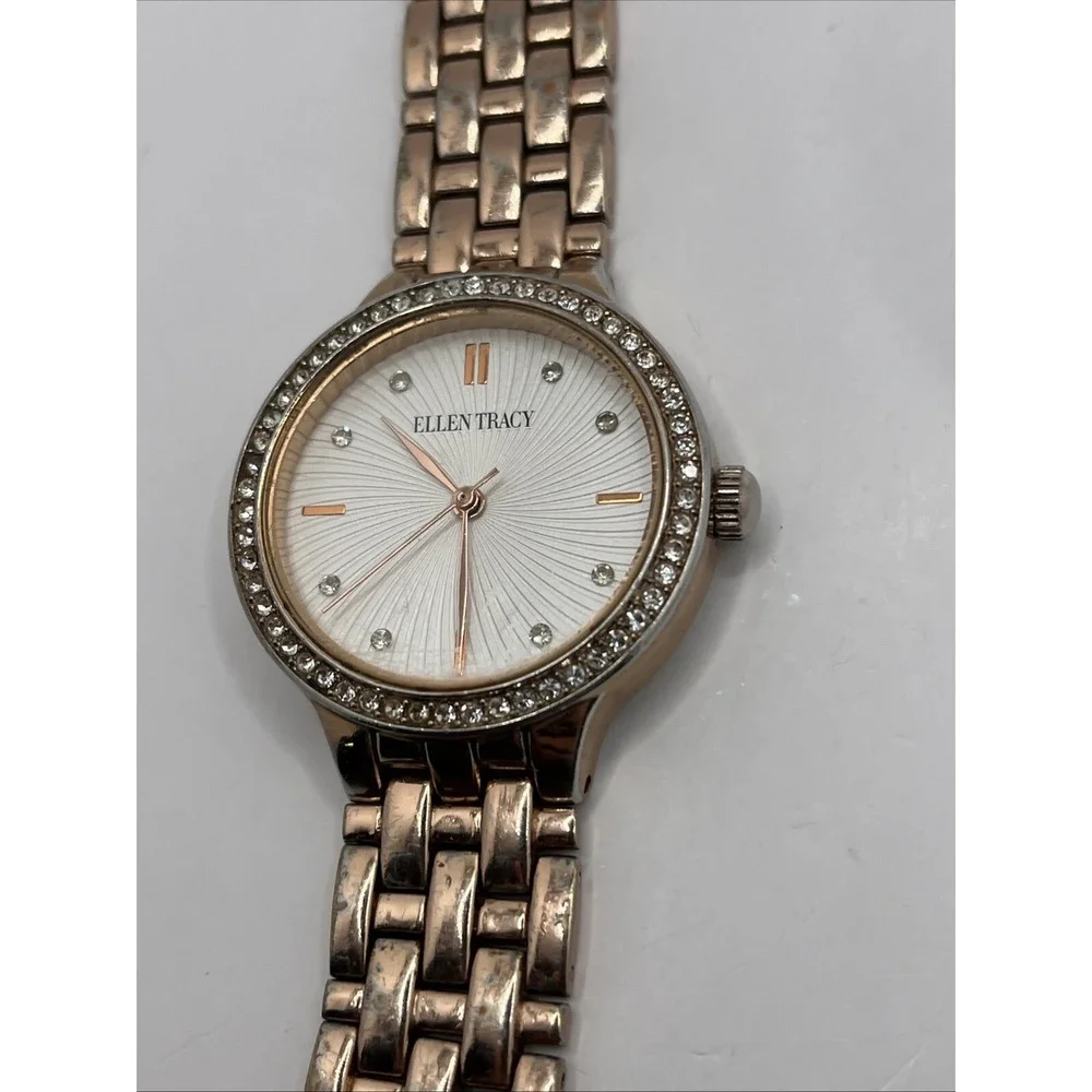 Ellen Tracy Women's Quartz Watch Rose Gold Band Crystal Bezel- New Battery‎